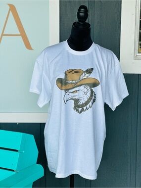 White Graphic Eagle Tee with Brown Cowboy Hat -